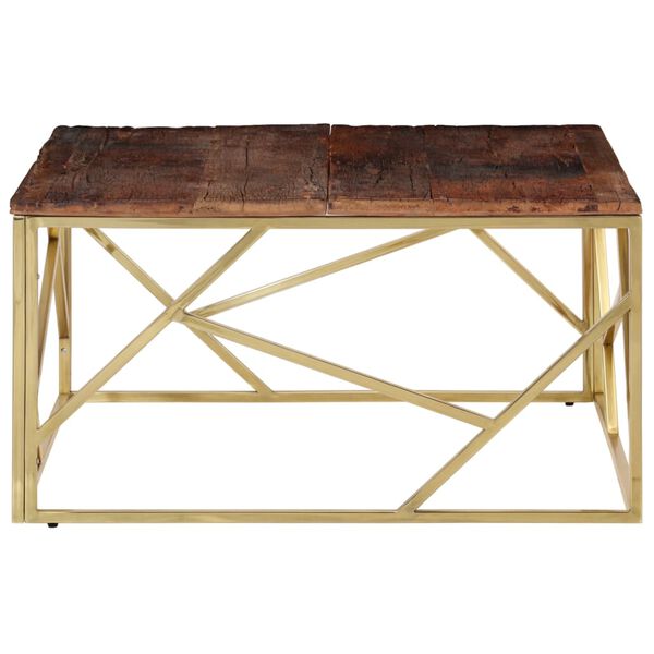 vidaXL Table basse dor&eacute; acier inoxydable et bois de m&eacute;l&egrave;ze massif