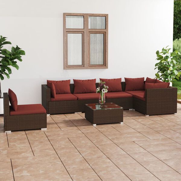 vidaXL Salon de jardin 7 pcs avec coussins R&eacute;sine tress&eacute;e Marron