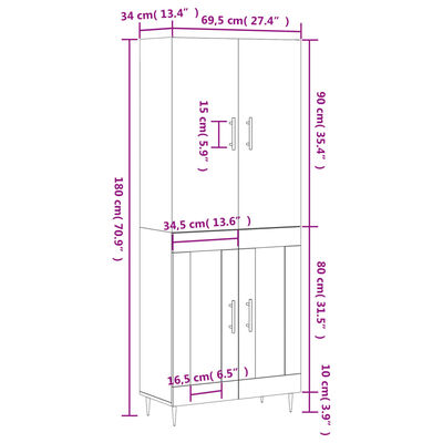 vidaXL Buffet haut Sonoma gris 69,5x34x180 cm Bois d'ingénierie