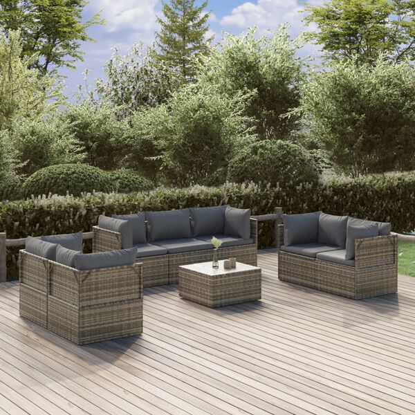 vidaXL Salon de jardin 8 pcs avec coussins Gris Résine tressée