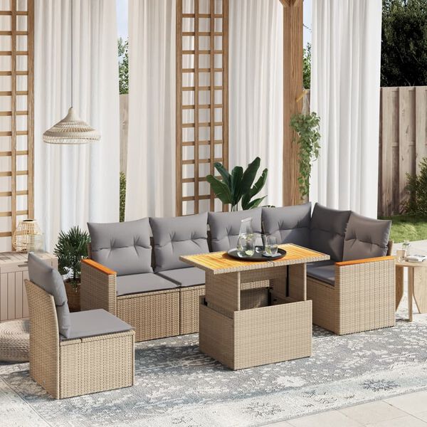 vidaXL Salon de jardin avec coussins 7 pcs beige r&eacute;sine tress&eacute;e