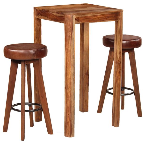 vidaXL Ensemble de bar 3 pcs Bois de Sesham massif et cuir v&eacute;ritable
