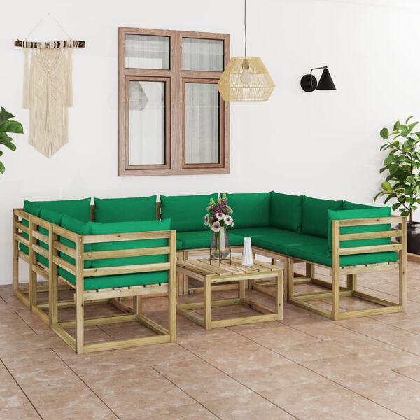 vidaXL Salon de jardin 9 pcs avec coussins bois de pin impr&eacute;gn&eacute;