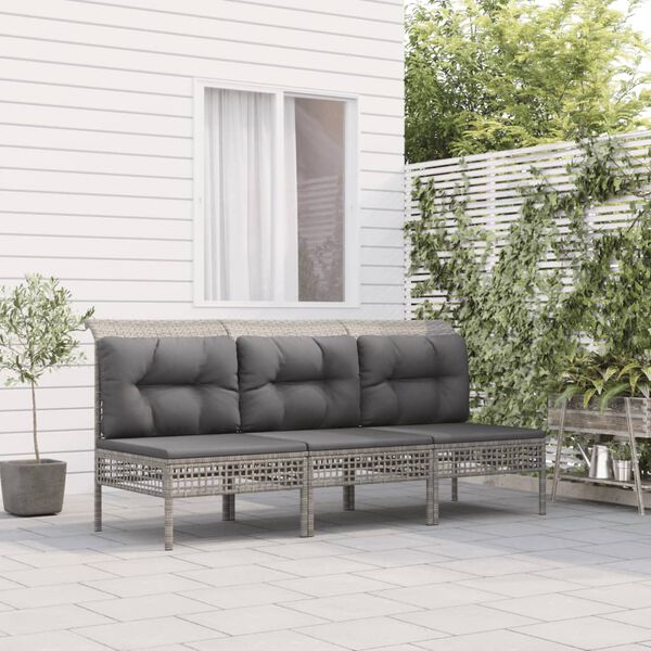 vidaXL Salon de jardin 3 pcs avec coussins Gris R&eacute;sine tress&eacute;e