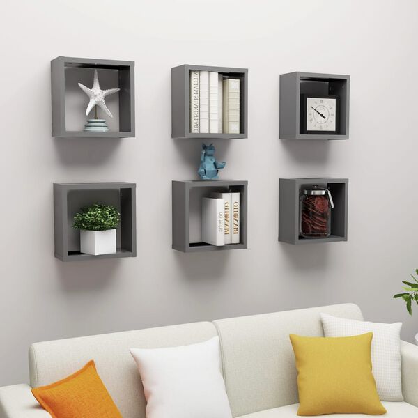 vidaXL &Eacute;tag&egrave;res cube murales 6 pcs Gris 30x15x30 cm