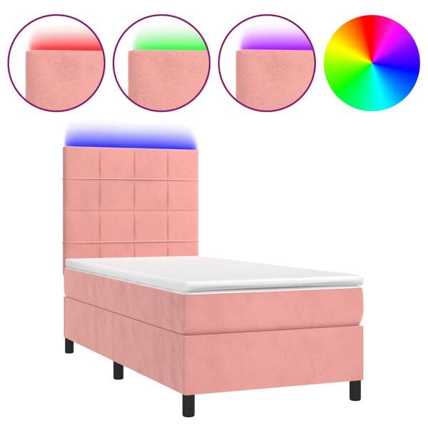 vidaXL Sommier &agrave; lattes de lit avec matelas LED Rose 90x200 cm Velours