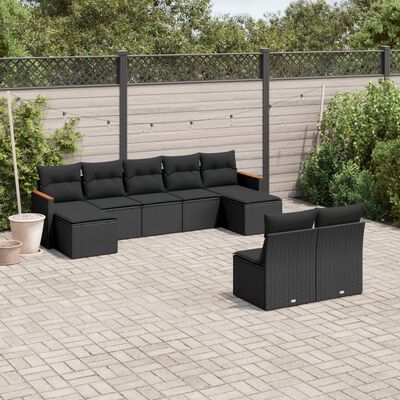 vidaXL Salon de jardin 9 pcs avec coussins noir résine tressée