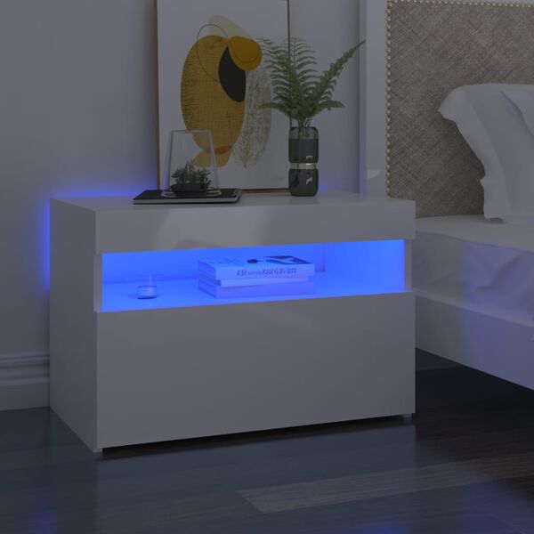vidaXL Table de chevet avec lumi&egrave;res LED blanc brillant 60x35x40 cm