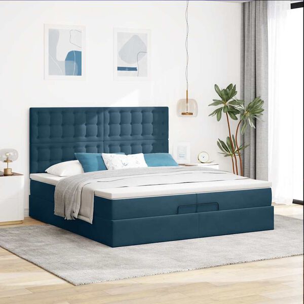 vidaXL Cadre de lit ottoman avec matelas bleu fonc&eacute; 200x200 cm velours