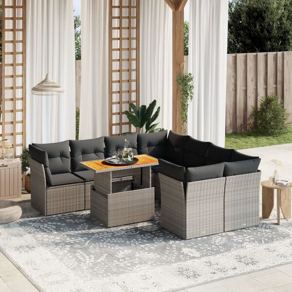 vidaXL Salon de jardin 9 pcs avec coussins gris r&eacute;sine tress&eacute;e