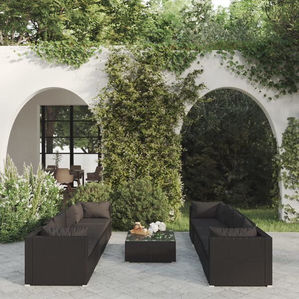 vidaXL Salon de jardin 9 pcs avec coussins R&eacute;sine tress&eacute;e Noir