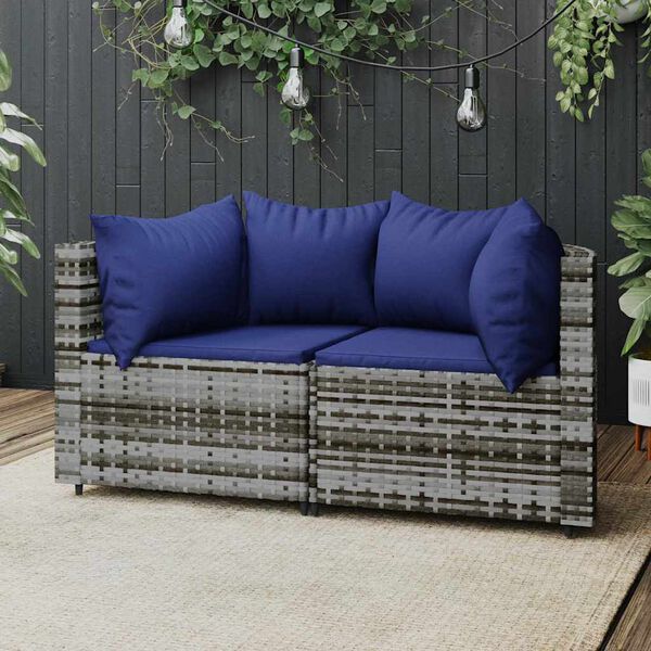 vidaXL Canap&eacute;s d'angle de jardin et coussins 2 pcs gris r&eacute;sine tress&eacute;e
