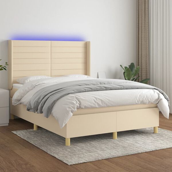 vidaXL Sommier &agrave; lattes de lit matelas et LED Cr&egrave;me 140x200 cm Tissu