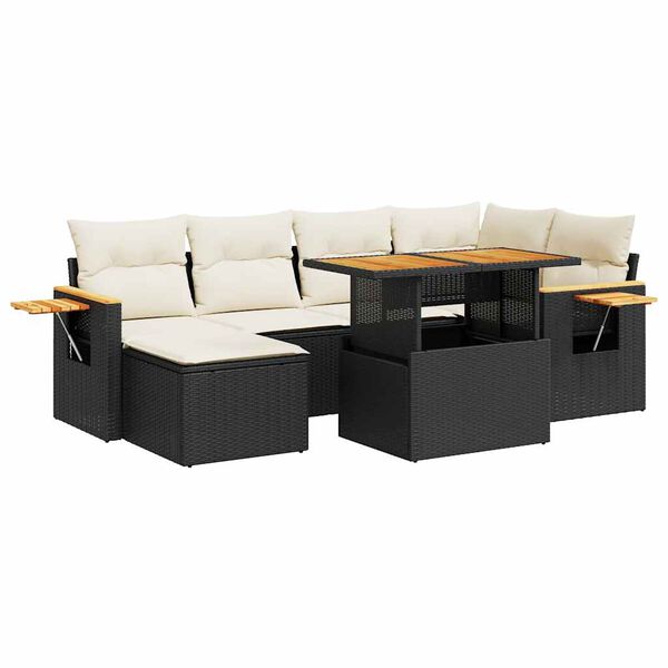 vidaXL Salon de jardin avec coussins 7 pcs noir r&eacute;sine tress&eacute;e acacia