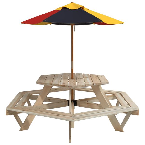 vidaXL Table de pique-nique pour 6 enfants avec parasol hexagone sapin