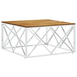 vidaXL Table basse argent&eacute; acier inoxydable et bois massif d'acacia