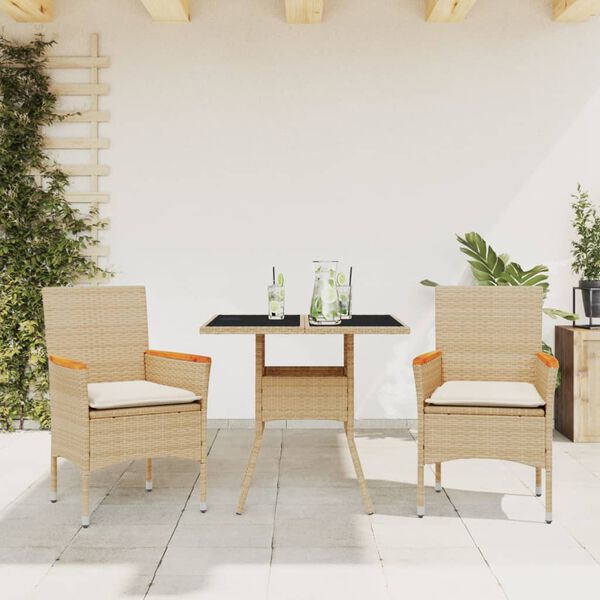 vidaXL Ensemble &agrave; manger de jardin et coussins 3 pcs beige rotin verre