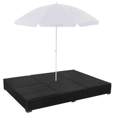 vidaXL Chaise longue d'extérieur avec parasol Résine tressée Noir