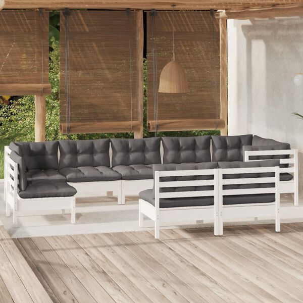 vidaXL Salon de jardin 9 pcs avec coussins blanc bois de pin massif
