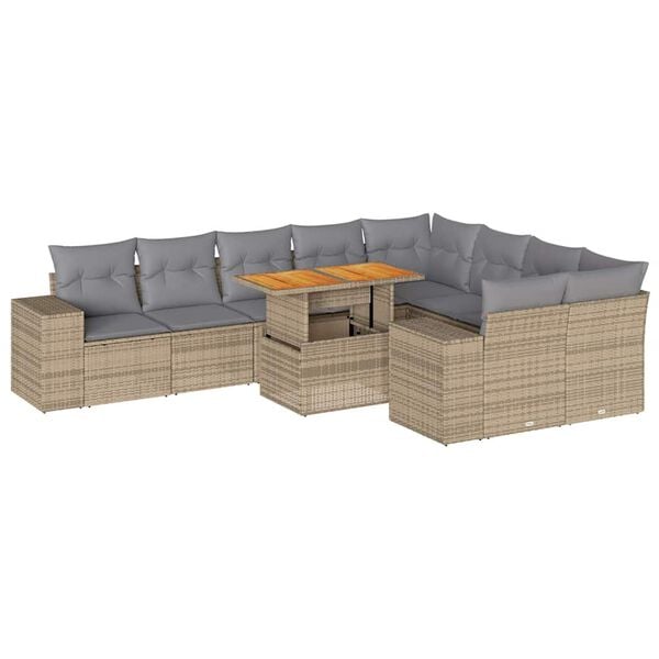 vidaXL Salon de jardin avec coussins 10pcs beige résine tressée acacia