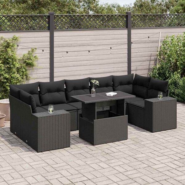 vidaXL Salon de jardin 8 pcs avec coussins noir r&eacute;sine tress&eacute;e