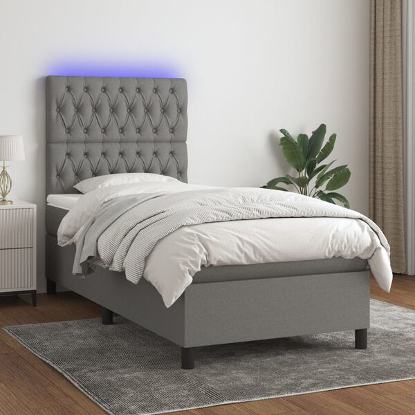 vidaXL Sommier &agrave; lattes de lit avec matelas et LED Gris fonc&eacute; 90x200cm