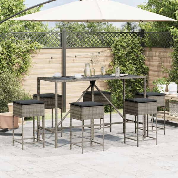 vidaXL Ensemble de bar de jardin 7 pcs avec coussins gris poly rotin