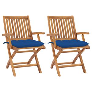 vidaXL Chaises pliantes (lot de 2) avec coussins bleus, en teck massif