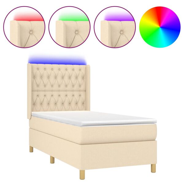 vidaXL Sommier &agrave; lattes de lit matelas et LED Cr&egrave;me 90x190 cm Tissu