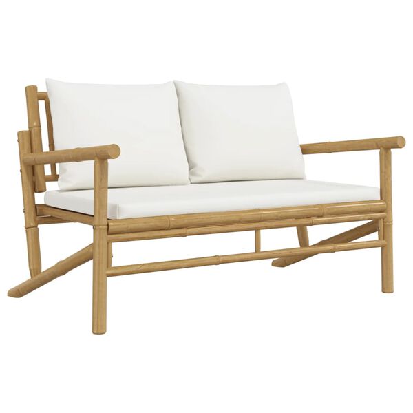 vidaXL Salon de jardin 3 pcs avec coussins blanc cr&egrave;me bambou