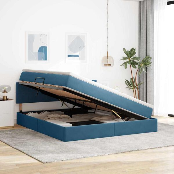 vidaXL Lit de Rangement avec matelas Bleu fonc&eacute; 160 x 200 cm Velours