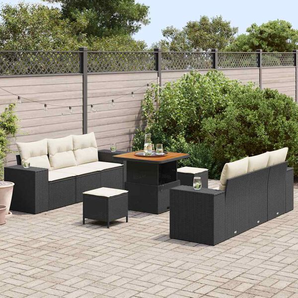 vidaXL Ensemble de canap&eacute; de jardin 9 pcs Noir et Cr&egrave;me Poly Rattan