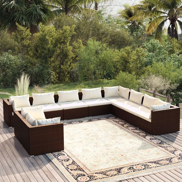 vidaXL Salon de jardin 10 pcs avec coussins marron r&eacute;sine tress&eacute;e