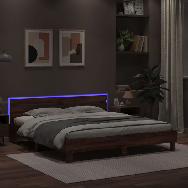 vidaXL Cadre de lit avec LED sans matelas ch&ecirc;ne marron 200x200 cm