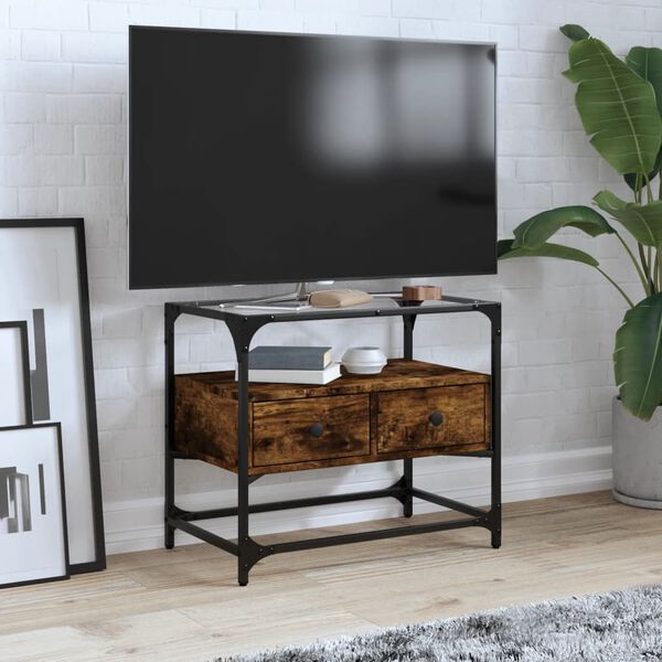 vidaXL Meuble TV avec dessus en verre ch&ecirc;ne fum&eacute; bois d'ing&eacute;nierie