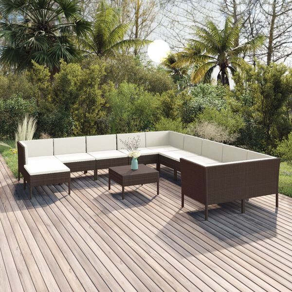 vidaXL Salon de jardin 12 pcs avec coussins R&eacute;sine tress&eacute;e Marron