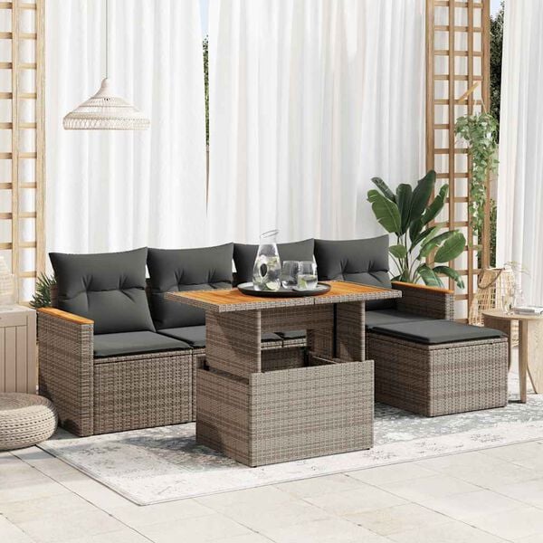 vidaXL Salon de jardin avec coussins 6 pcs gris r&eacute;sine tress&eacute;e acacia