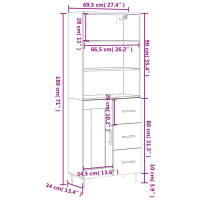 vidaXL Buffet haut Chêne sonoma 69,5x34x180 cm Bois d'ingénierie