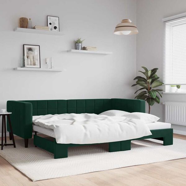 vidaXL Lit de jour avec gigogne sans matelas vert fonc&eacute; 90x200 cm