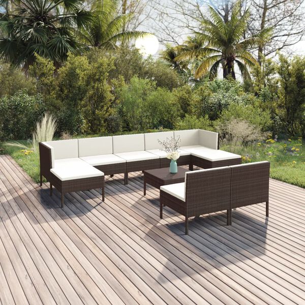 vidaXL Salon de jardin 10 pcs avec coussins R&eacute;sine tress&eacute;e Marron