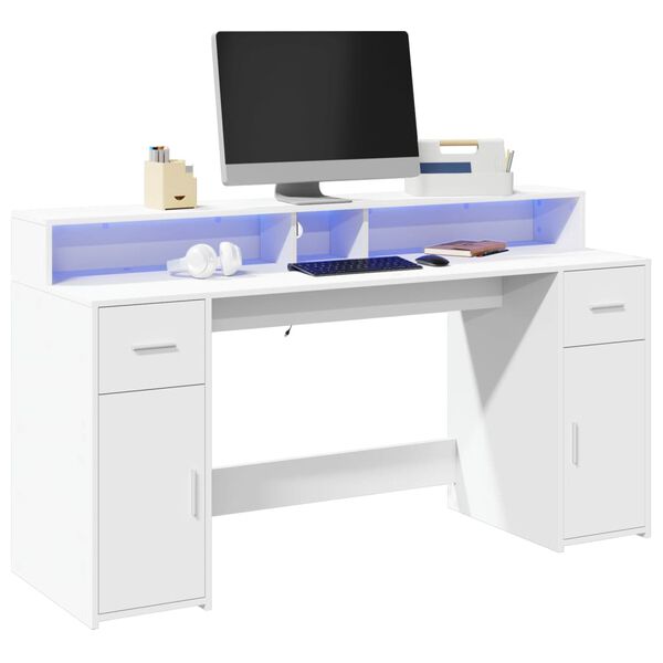 vidaXL Bureau avec lumi&egrave;res LED blanc 160x55x91 cm bois d'ing&eacute;nierie