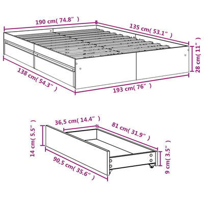 vidaXL Cadre de lit et tiroirs sonoma gris 135x190 cm bois ingénierie
