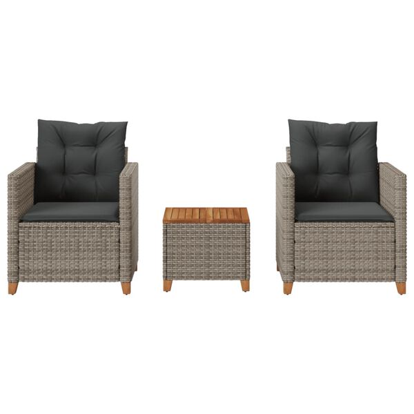 vidaXL Ensemble de bistro 3 pcs et coussins gris résine tressée acacia