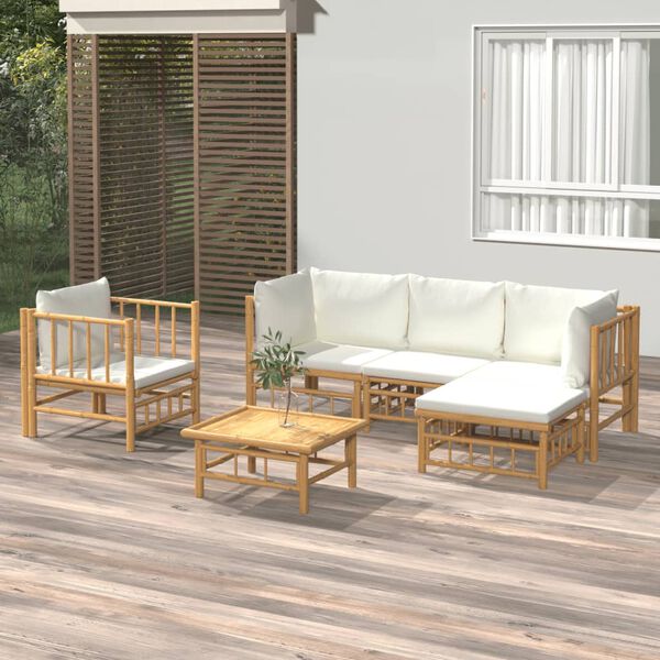 vidaXL Salon de jardin 6 pcs avec coussins blanc cr&egrave;me bambou