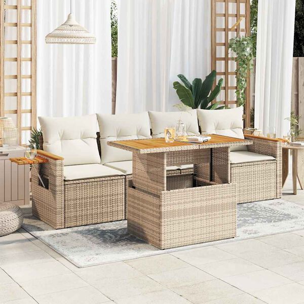 vidaXL Salon de jardin avec coussins 5 pcs beige résine tressée acacia