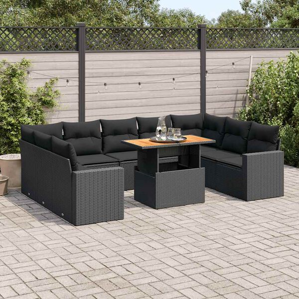 vidaXL Salon de jardin 10 pcs avec coussins noir r&eacute;sine tress&eacute;e