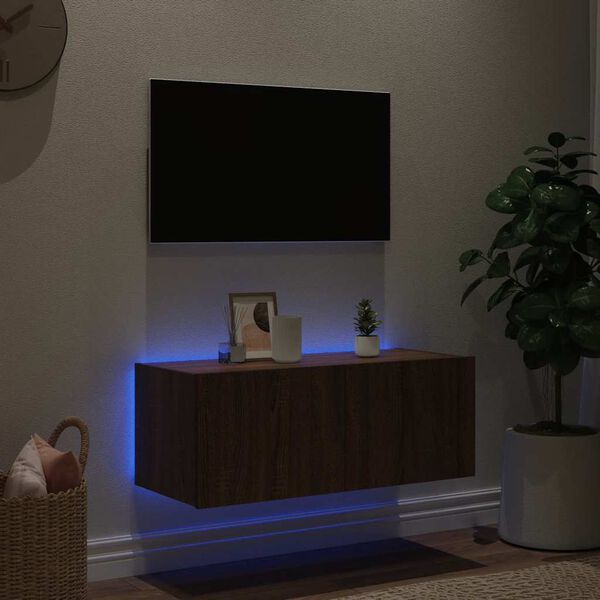 vidaXL Meuble TV mural avec lumi&egrave;res LED ch&ecirc;ne marron 80x35x31 cm