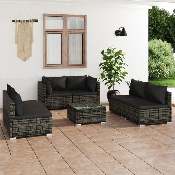 vidaXL Salon de jardin 7 pcs avec coussins R&eacute;sine tress&eacute;e Gris