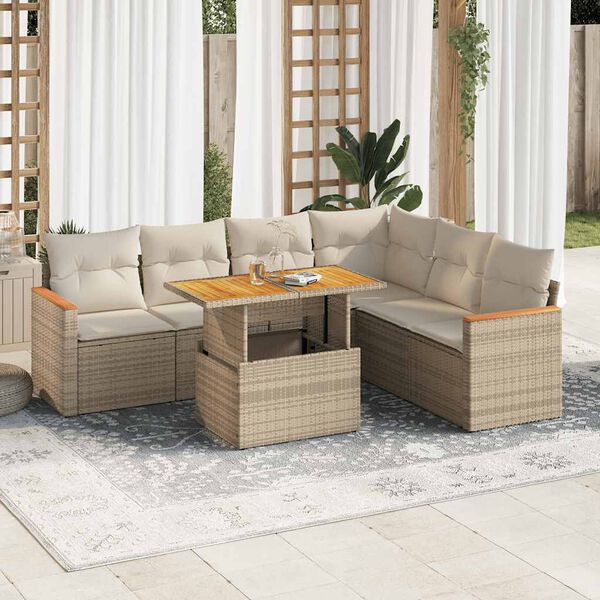 vidaXL Salon de jardin avec coussins 7 pcs beige r&eacute;sine tress&eacute;e acacia
