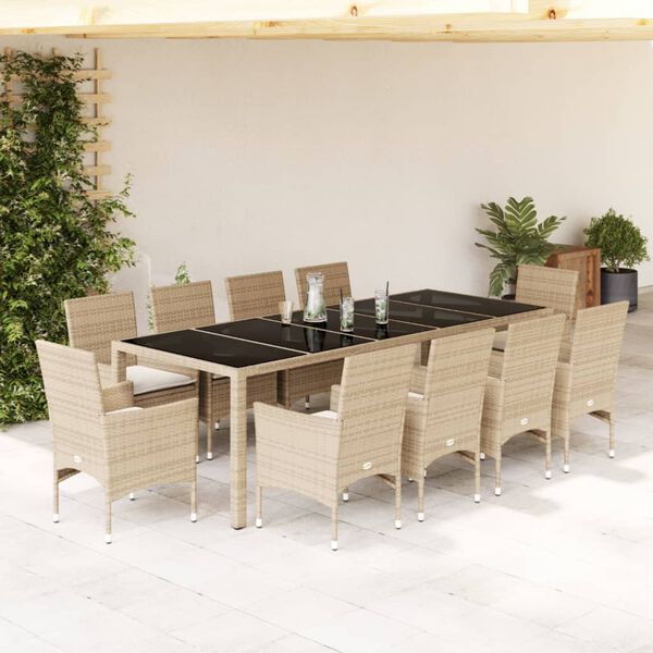vidaXL Ensemble &agrave; manger de jardin et coussins 11pcs beige rotin verre
